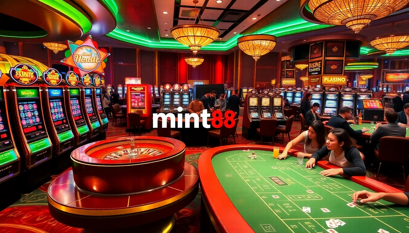 Experience the thrill of mint88 gaming with vivid casino visuals of players enjoying poker and roulette.