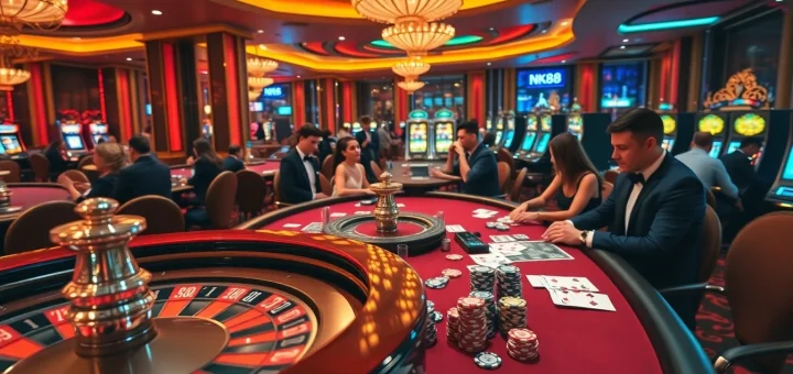Gambling excitement at NK88 casino with upscale players around roulette and slot machines.