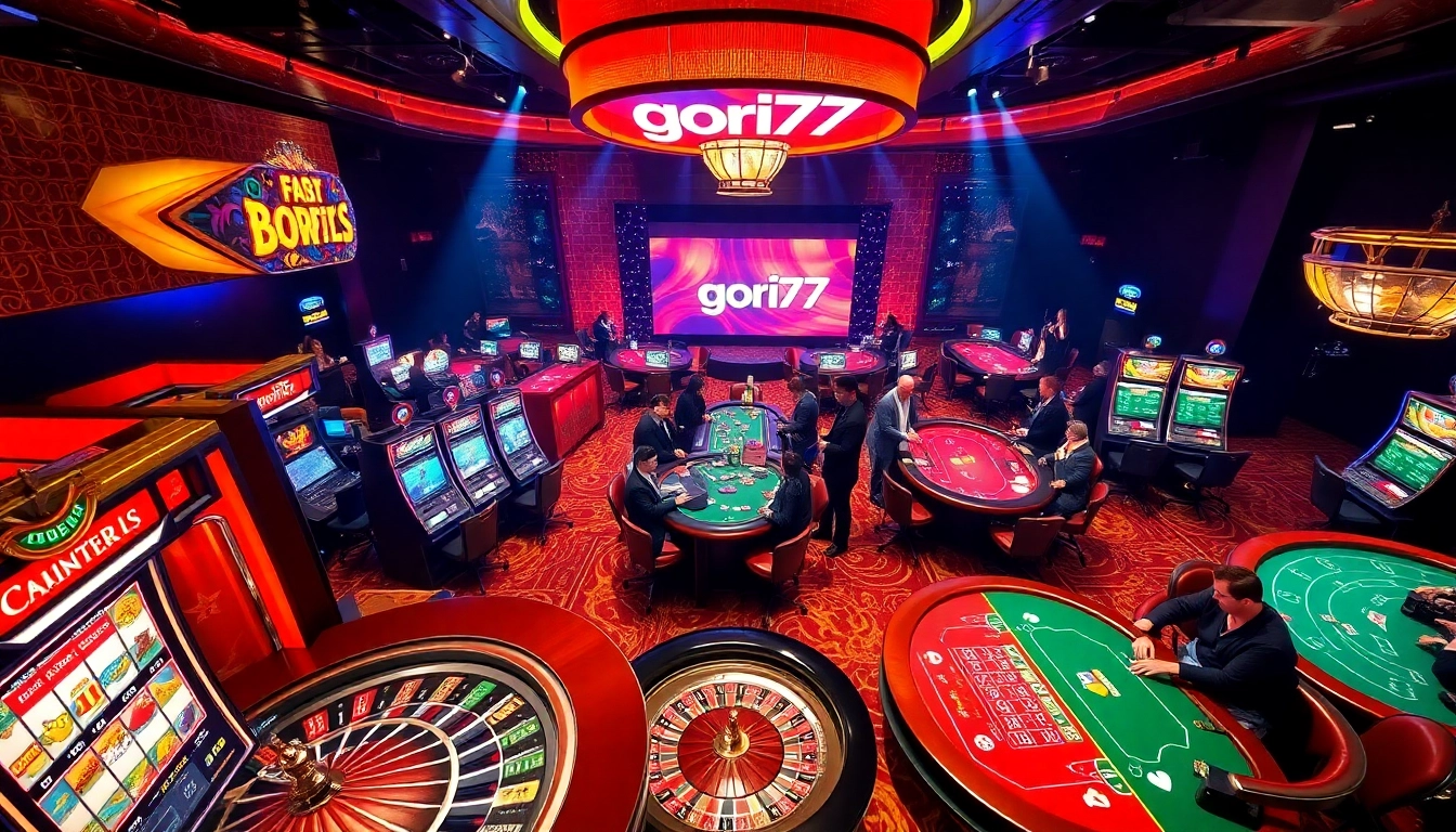 Players enjoying casino games including slots and poker at a vibrant venue featuring gori77 branding.