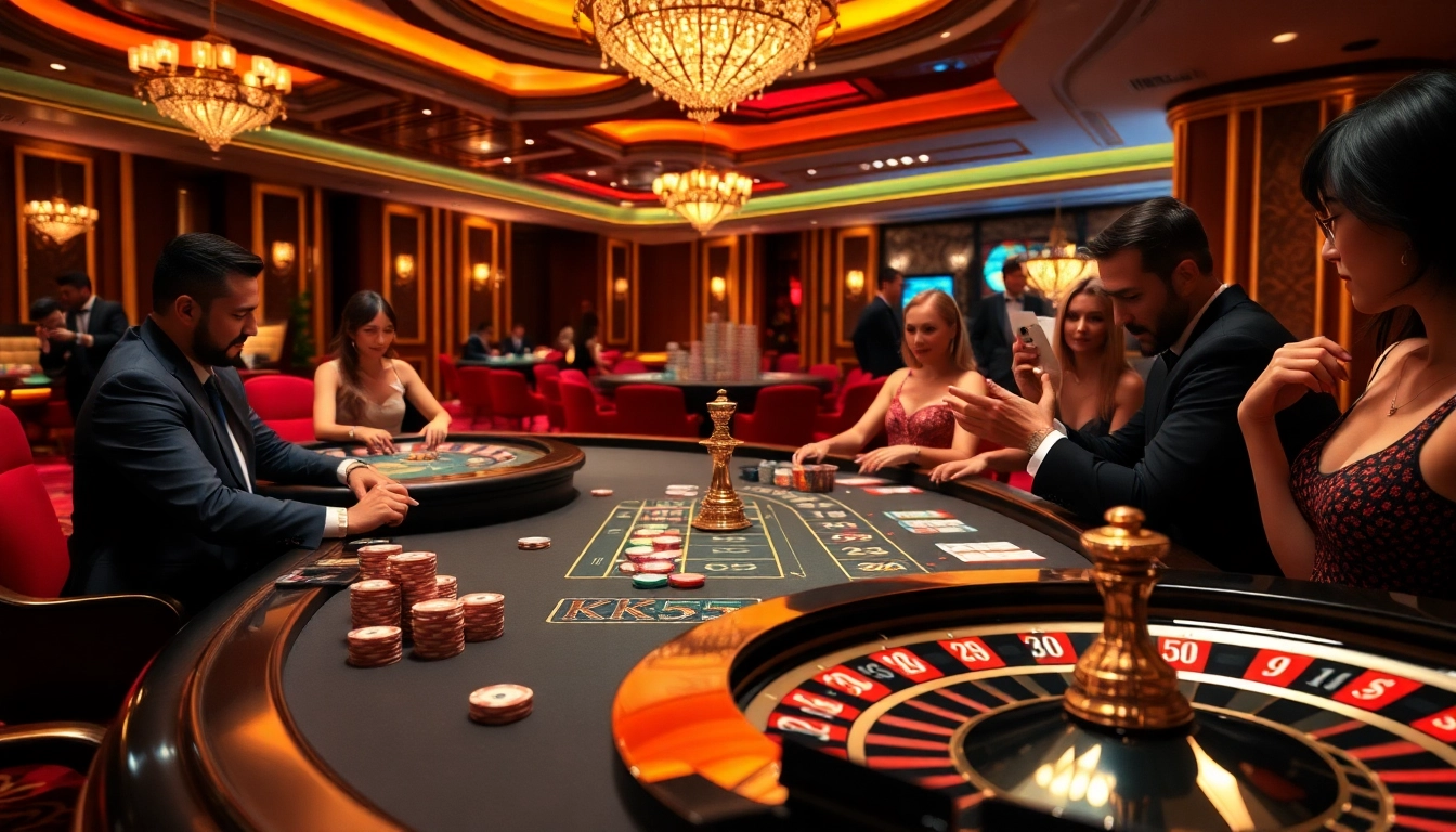Players enjoy thrilling games at the KK55 luxurious casino table, showcasing excitement and high stakes.