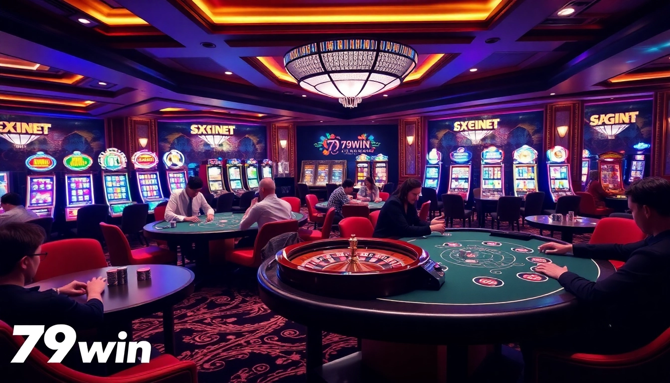 Intense poker game in progress at 79win casino, showcasing vibrant tables and players' excitement.
