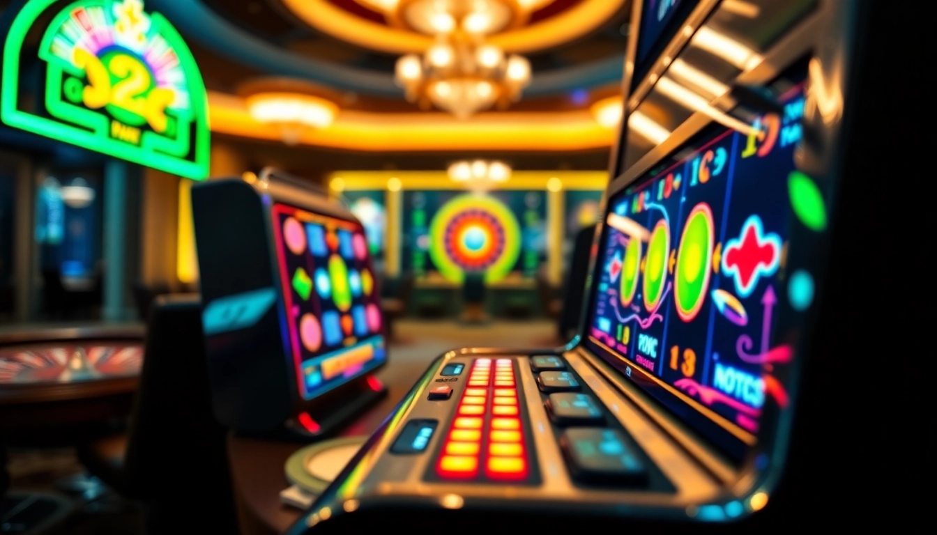 Experience the thrill of the slot machine in a vibrant casino environment.