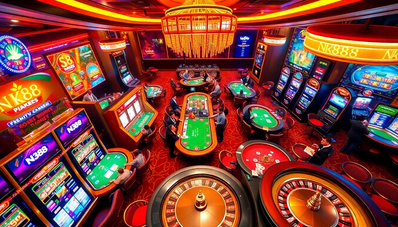 Players enjoying exciting games at nk88 casino, surrounded by vibrant slot machines and roulette wheels.