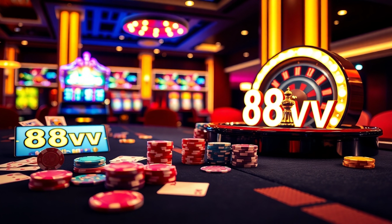 A vibrant casino gaming table featuring the 88vv logo with cards and poker chips illustrating excitement.