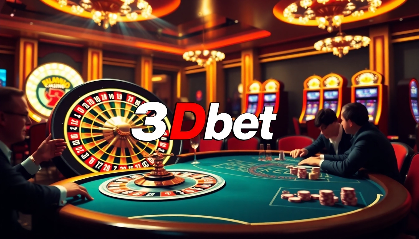 Experience the excitement of 3Dbet at a glamorous casino with roulette and blackjack tables.