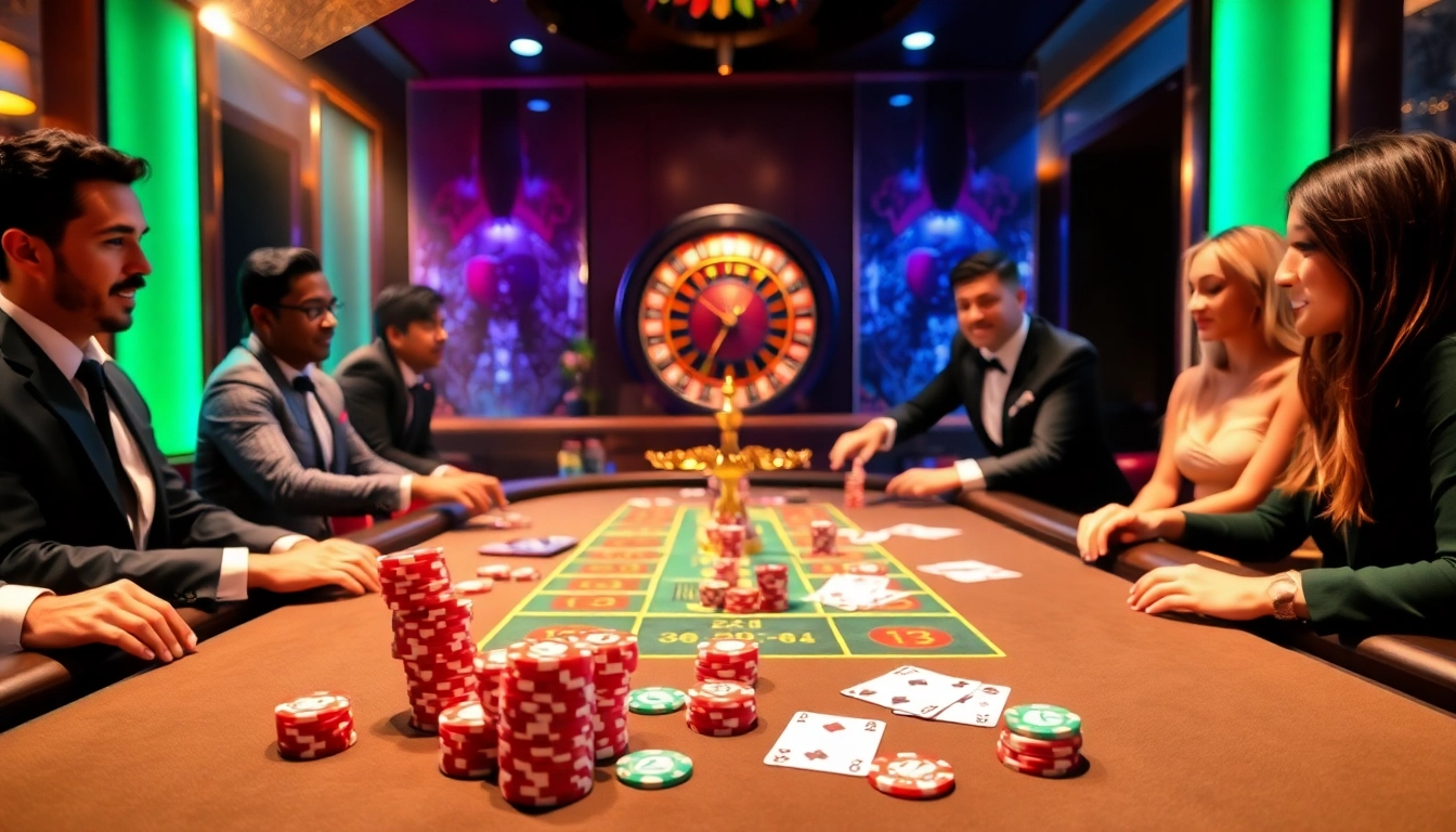 Players enjoying a lively casino game setting at 888NEW, featuring poker chips and a roulette wheel.