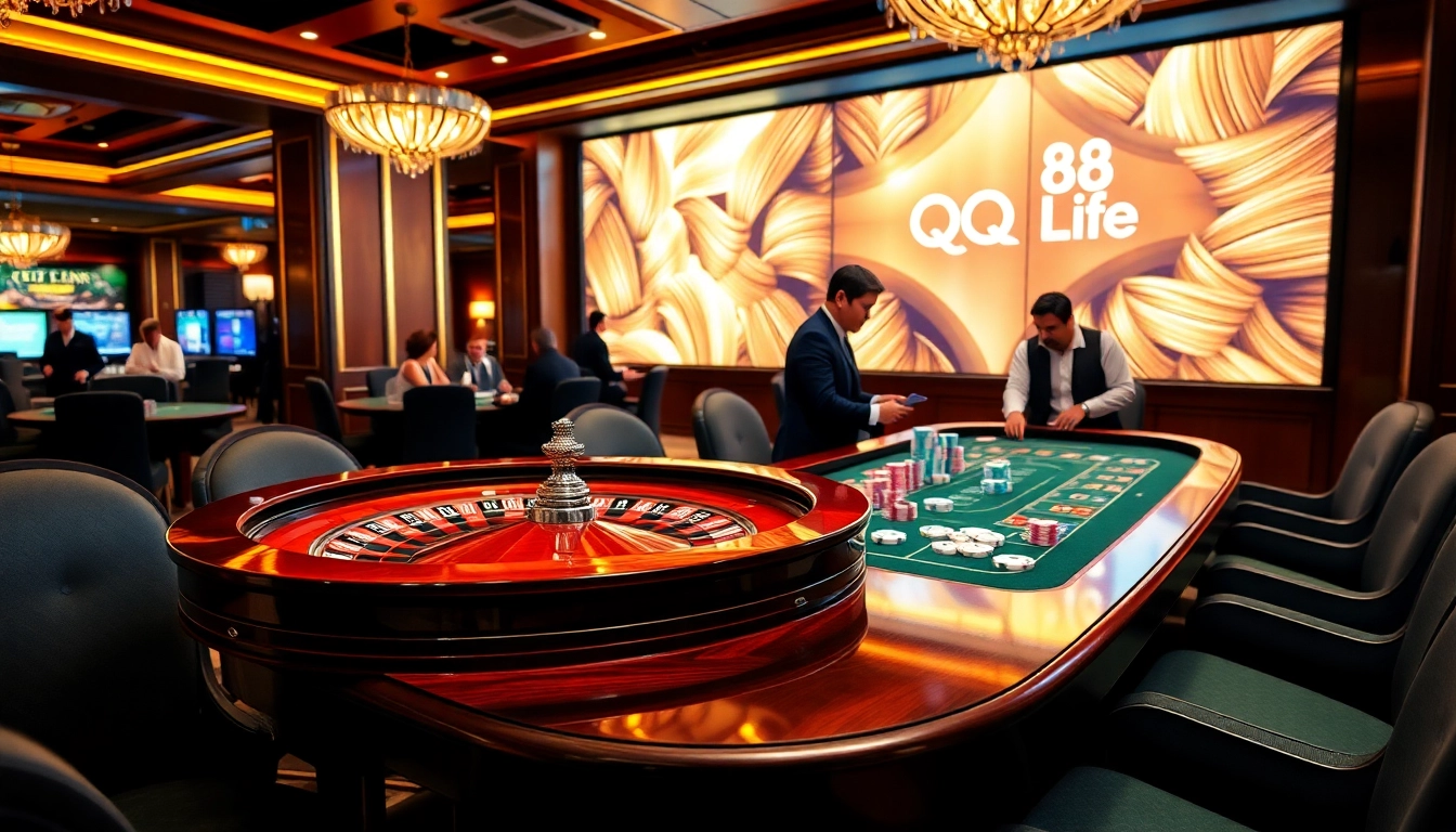 Experience QQ88 Life with a vibrant casino scene featuring poker chips and a roulette wheel.