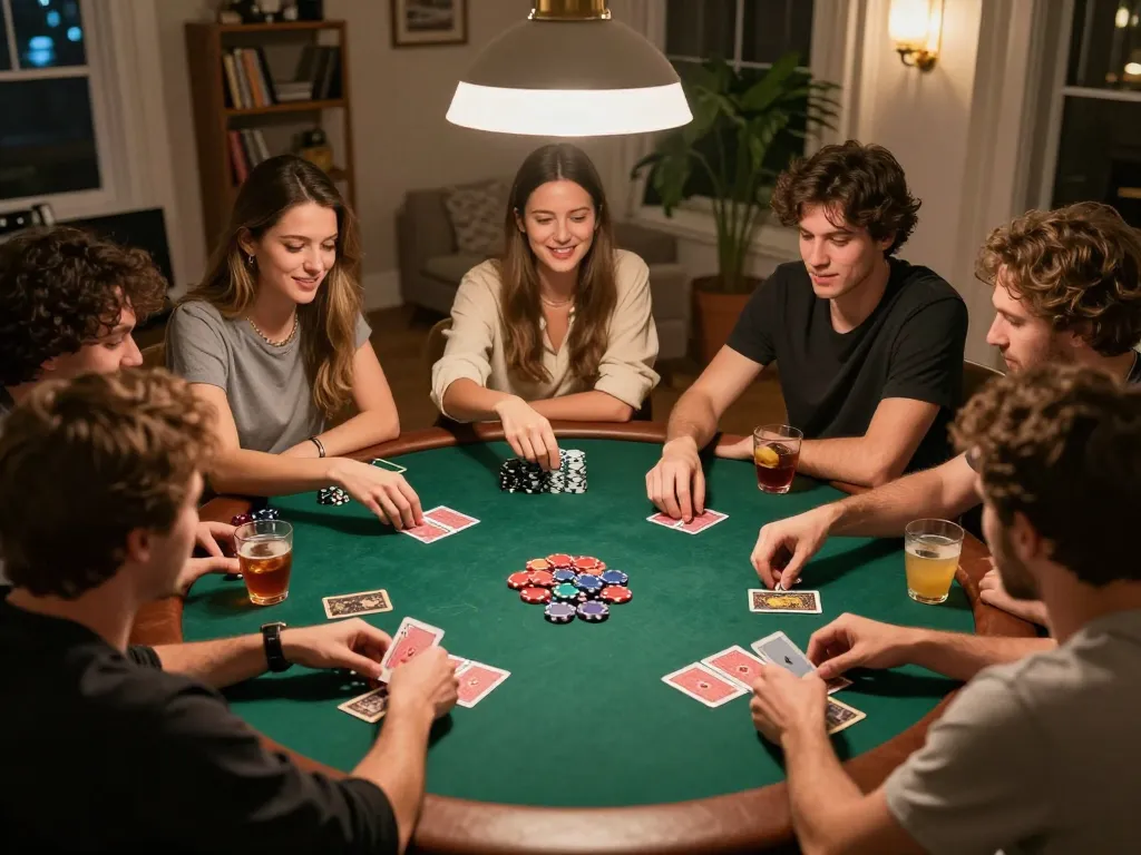 Friends enjoying a strategic poker game at home, reflecting the engaging experience of OKFUN.