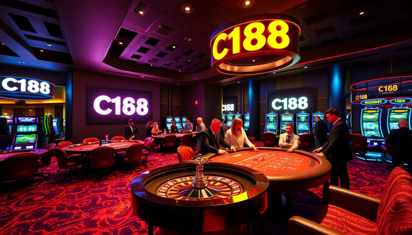 Exciting C168 gaming scene showcasing roulette and poker tables with vibrant atmosphere.