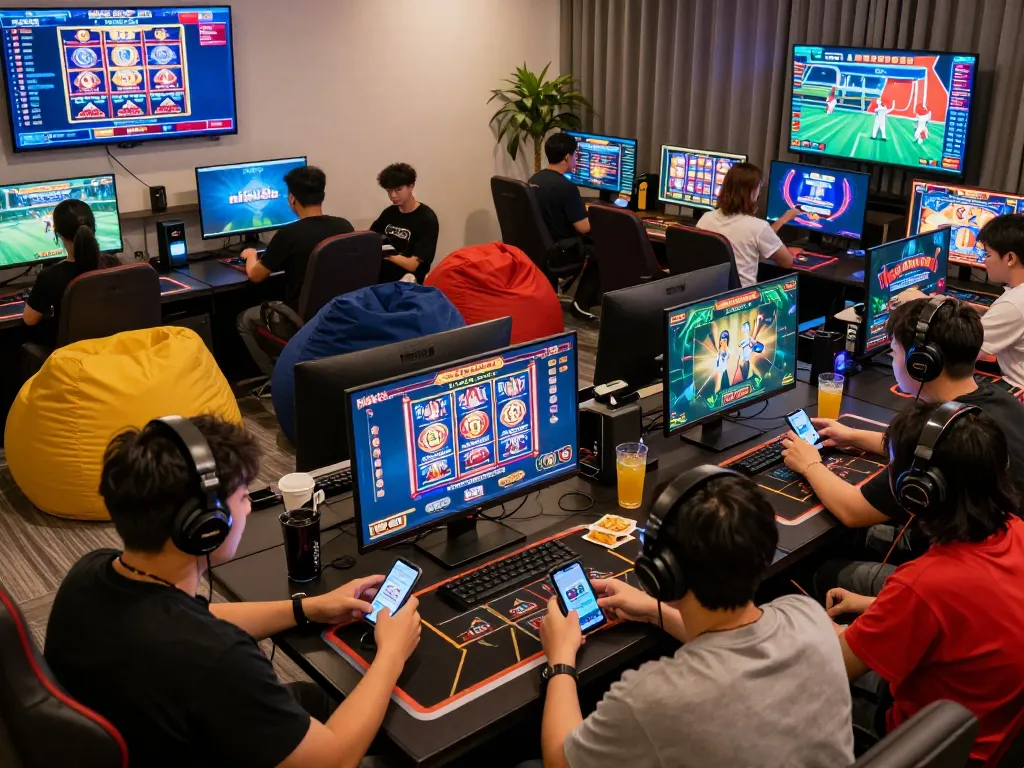Dynamic online gambling scene with players enjoying nhà cái nk88 gaming activities in a vibrant home office environment.