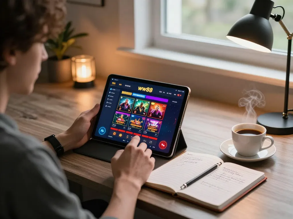 Engaged player exploring ww88 online casino interface on a tablet, demonstrating responsible gambling.