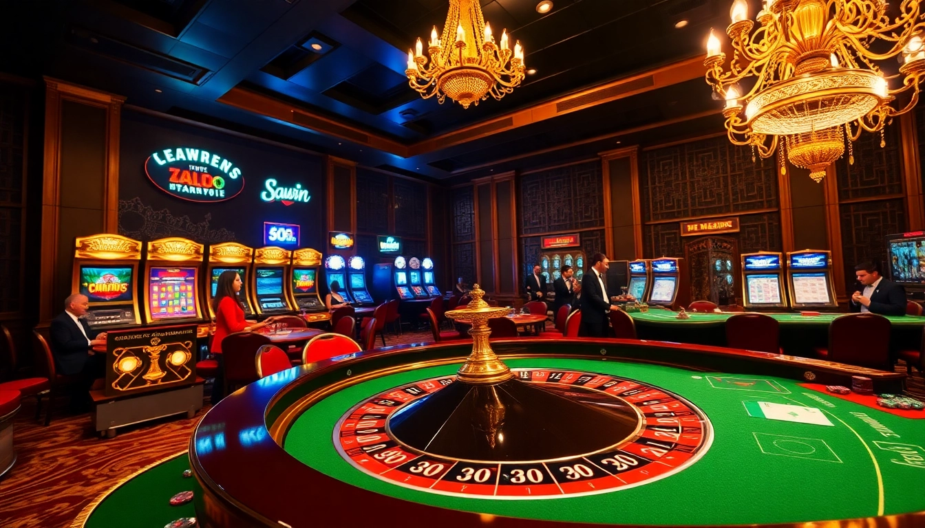 Experience 33win gaming with vibrant casino visuals featuring roulette, slot machines, and players.