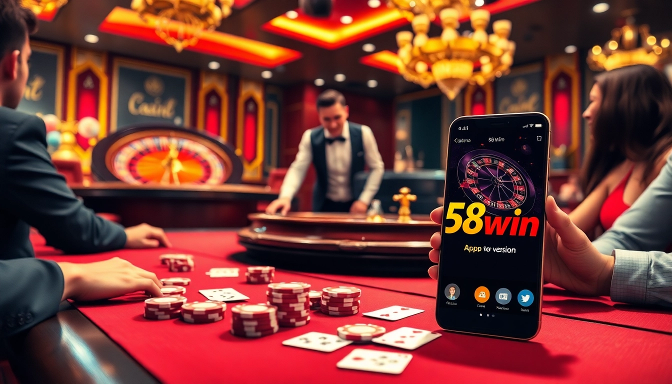 Experience the thrilling action of 58win at an elegant casino poker table with vibrant chips and cards.
