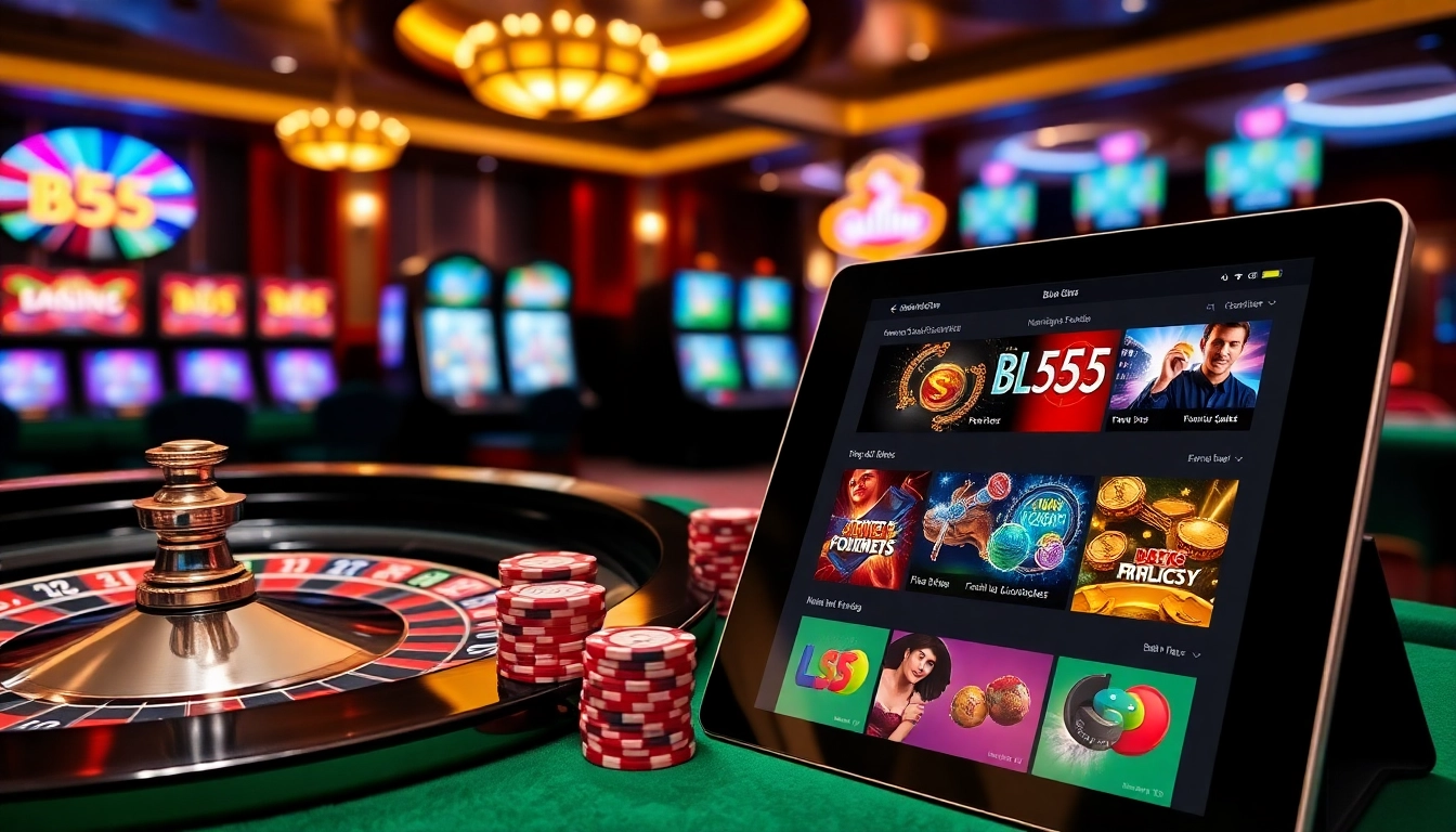 Experience thrilling gambling at bl555 with a vibrant casino scene featuring poker chips and a roulette wheel.