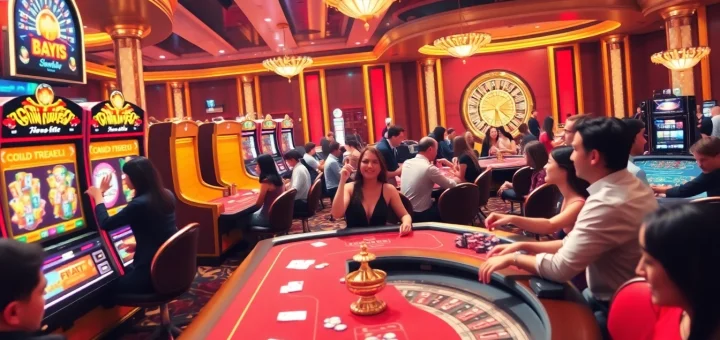 Exciting slot888 gaming scene featuring vibrant slot machines and engaged players in a luxury casino.