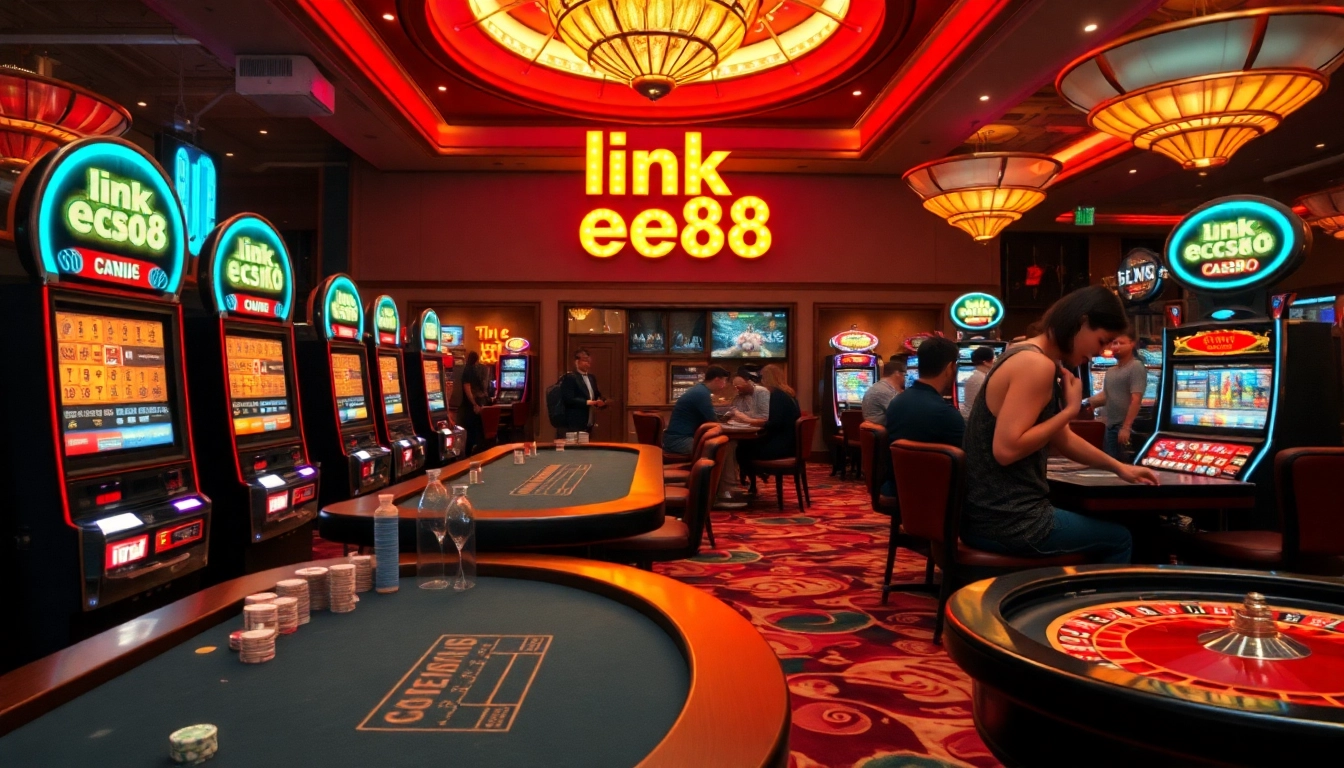 Experience the thrill of winning at link ee88 with vibrant casino gaming elements like poker chips and slot machines.