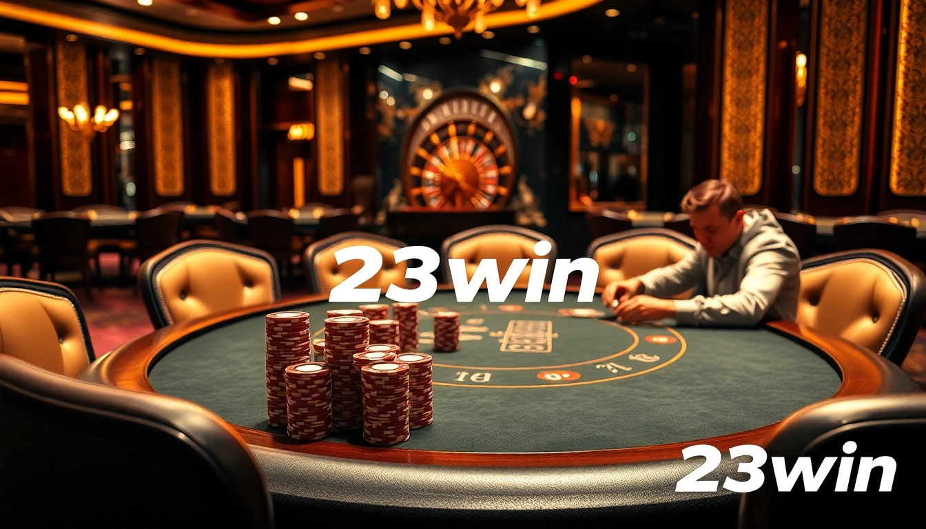 Engage in the electric atmosphere of 23win at a luxury casino table with poker chips.