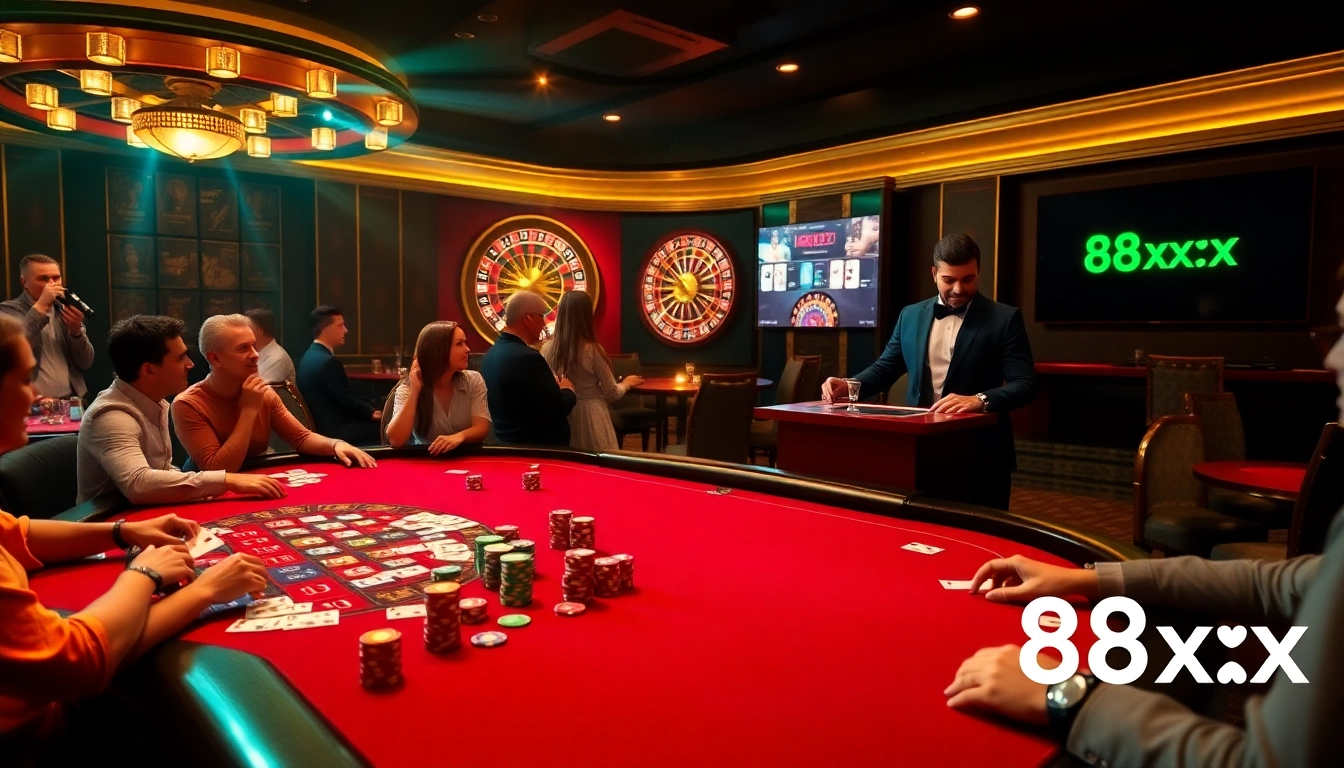 Engaging scene of players at an 88xx casino table, enjoying poker with vibrant chips and cards.