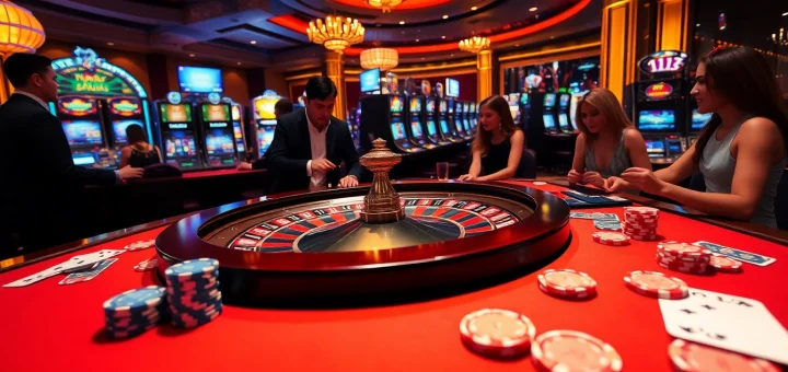 Players immerse in a thrilling gaming experience at NOHU's luxurious casino setup, showcasing poker chips and interactive tables.