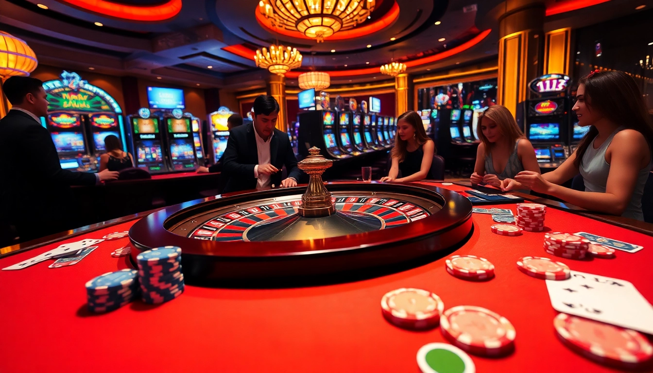 Players immerse in a thrilling gaming experience at NOHU's luxurious casino setup, showcasing poker chips and interactive tables.