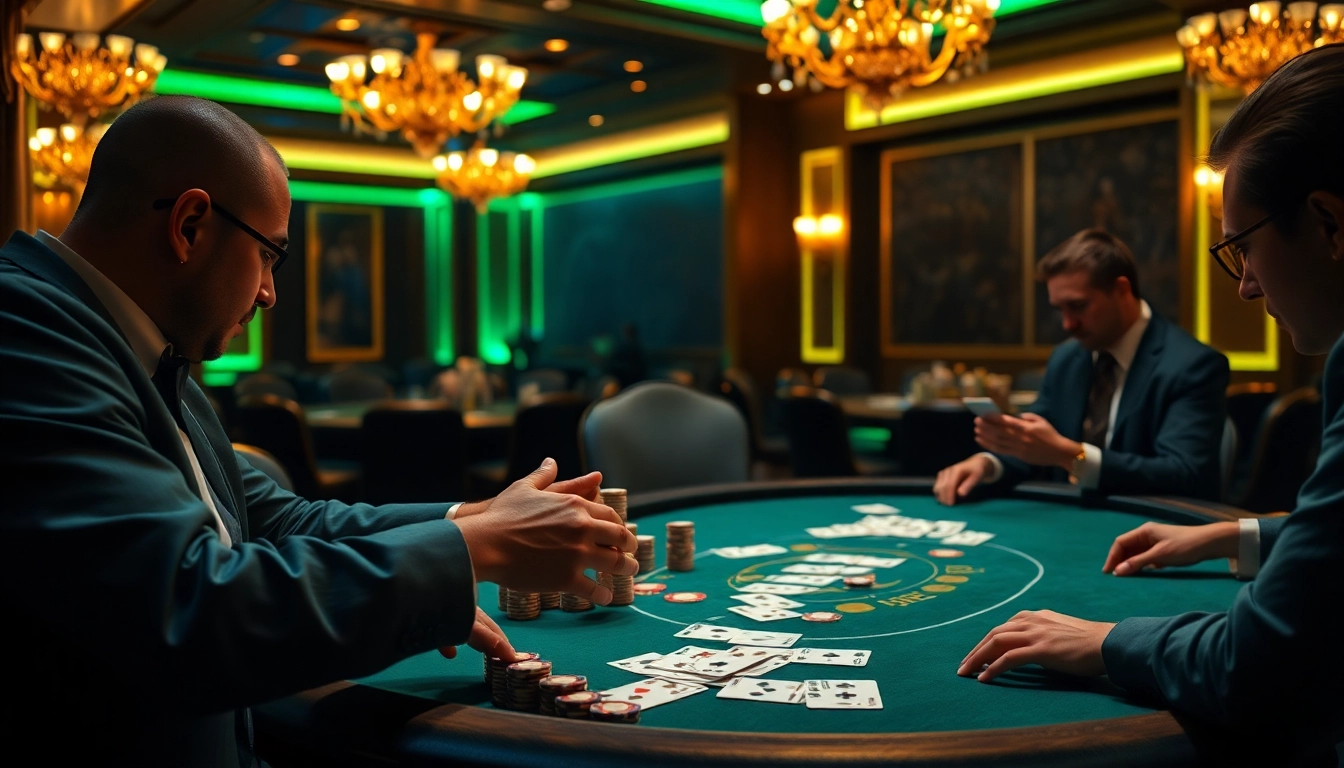 Engage in the thrilling atmosphere of pokergacor with players challenging each other at a high-stakes poker table.