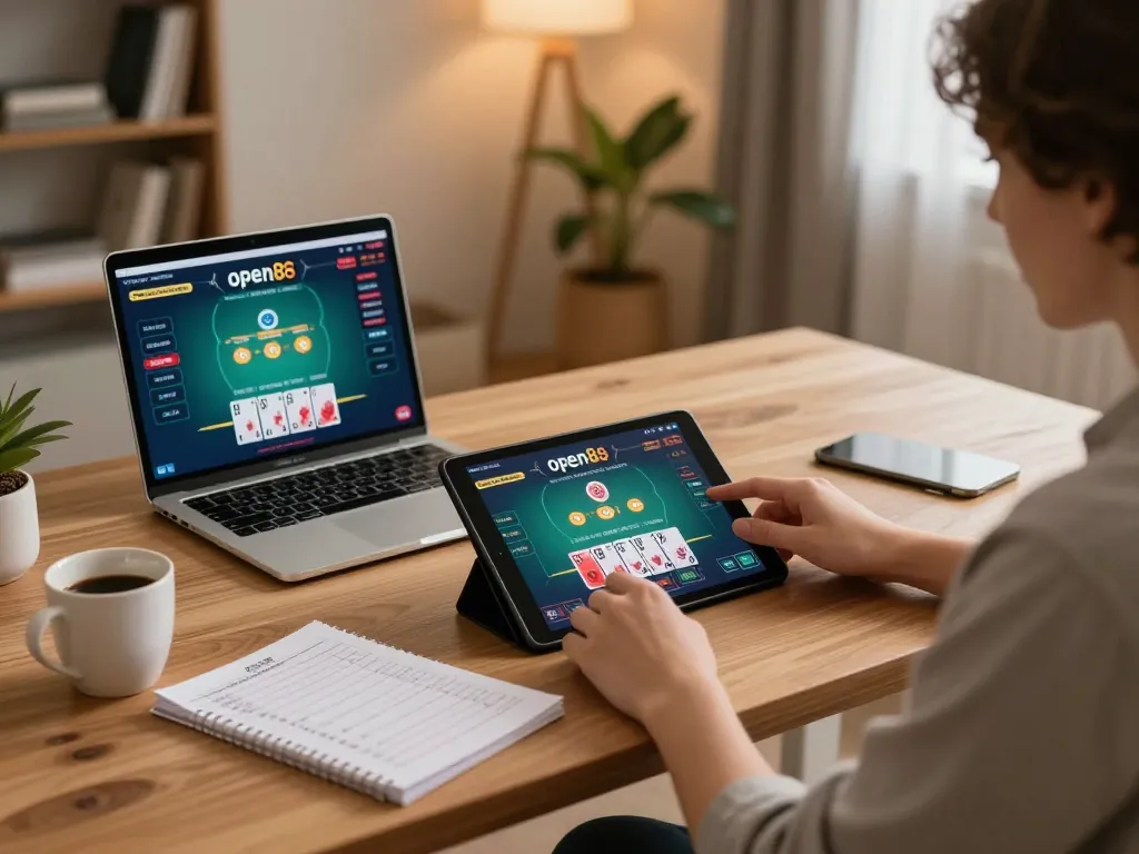 Engaged player using open88 on a tablet for live dealer blackjack at home.