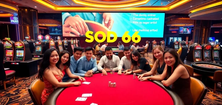 A vibrant gambling scene at SODO66 featuring players enjoying poker, slot machines, and roulette.