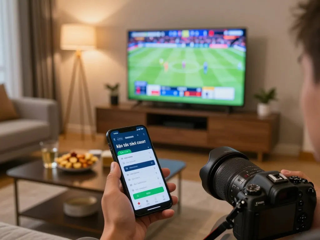 Excited person checking kèo nhà cái hôm nay on smartphone while watching a live sports event.