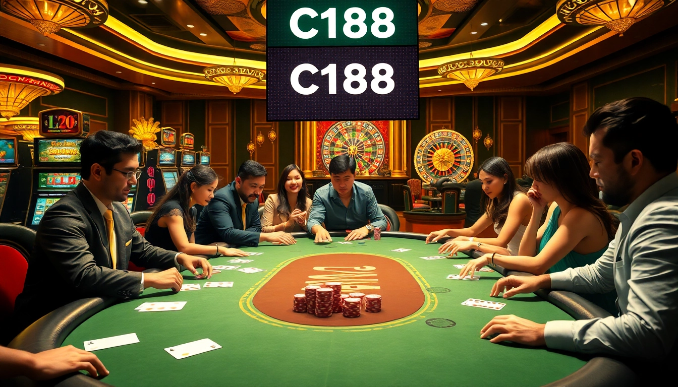C168 casino experience featuring intense poker gameplay and vibrant slot machines.