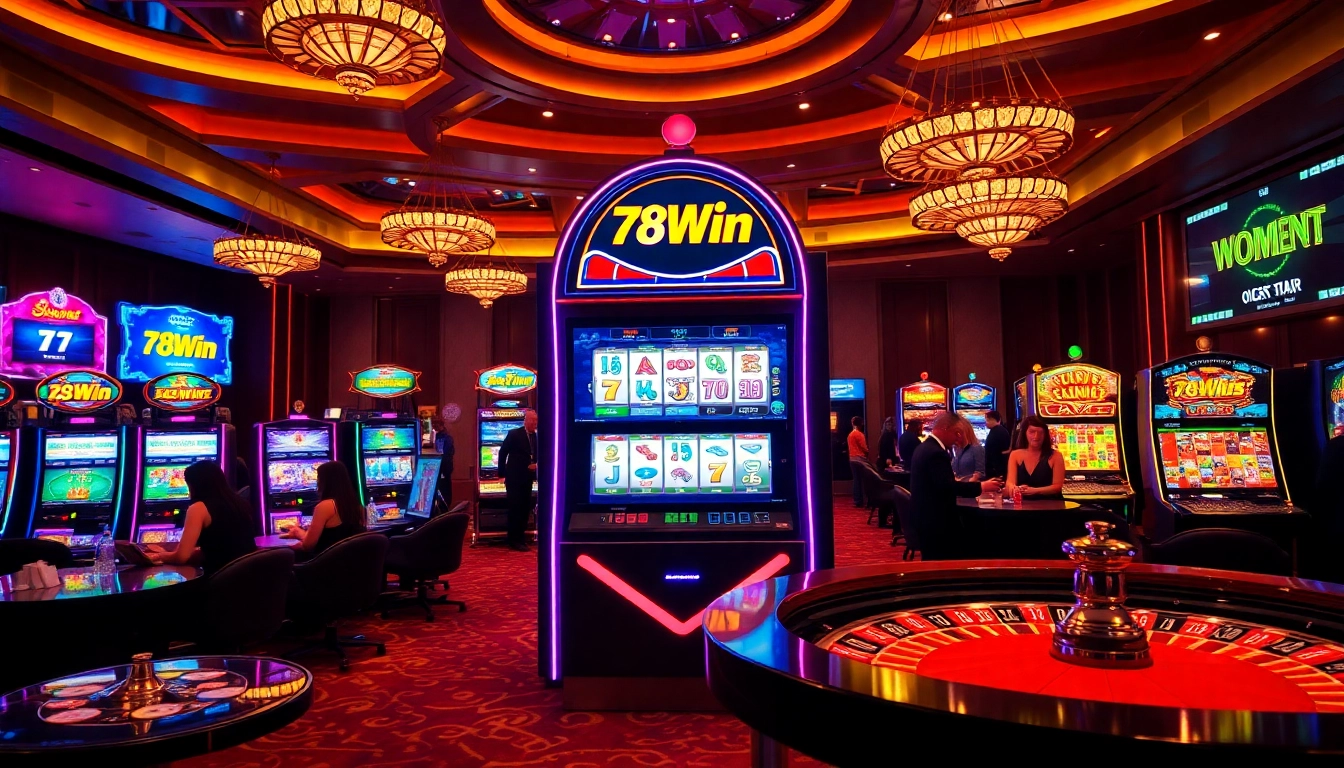Engaging casino scene featuring 78wintl.org elements with players at vibrant slot machines.