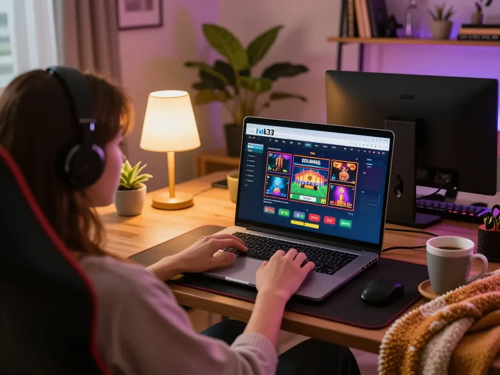Engaged player using bk33 online platform on laptop in warm home gaming setup.