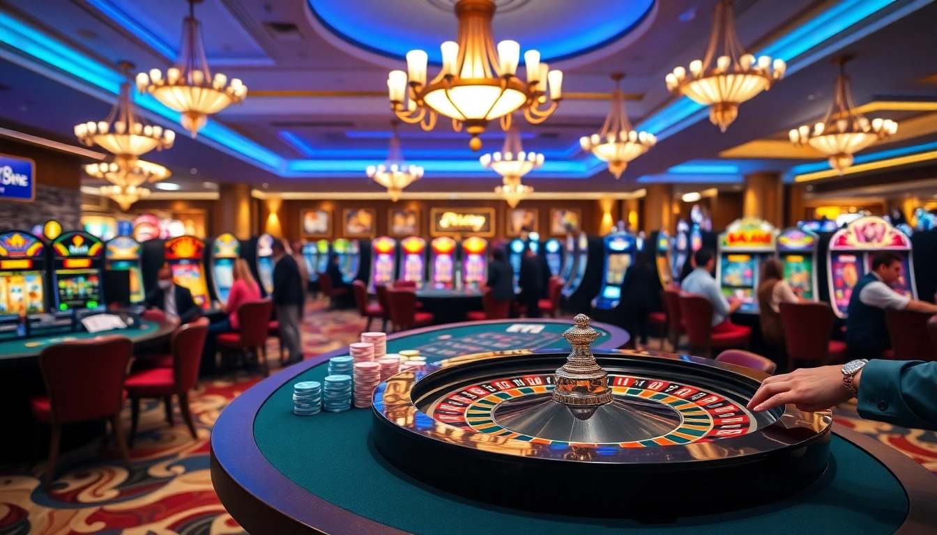 Players engaging in a thrilling game at 88vn's vibrant casino with roulette and slot machines.