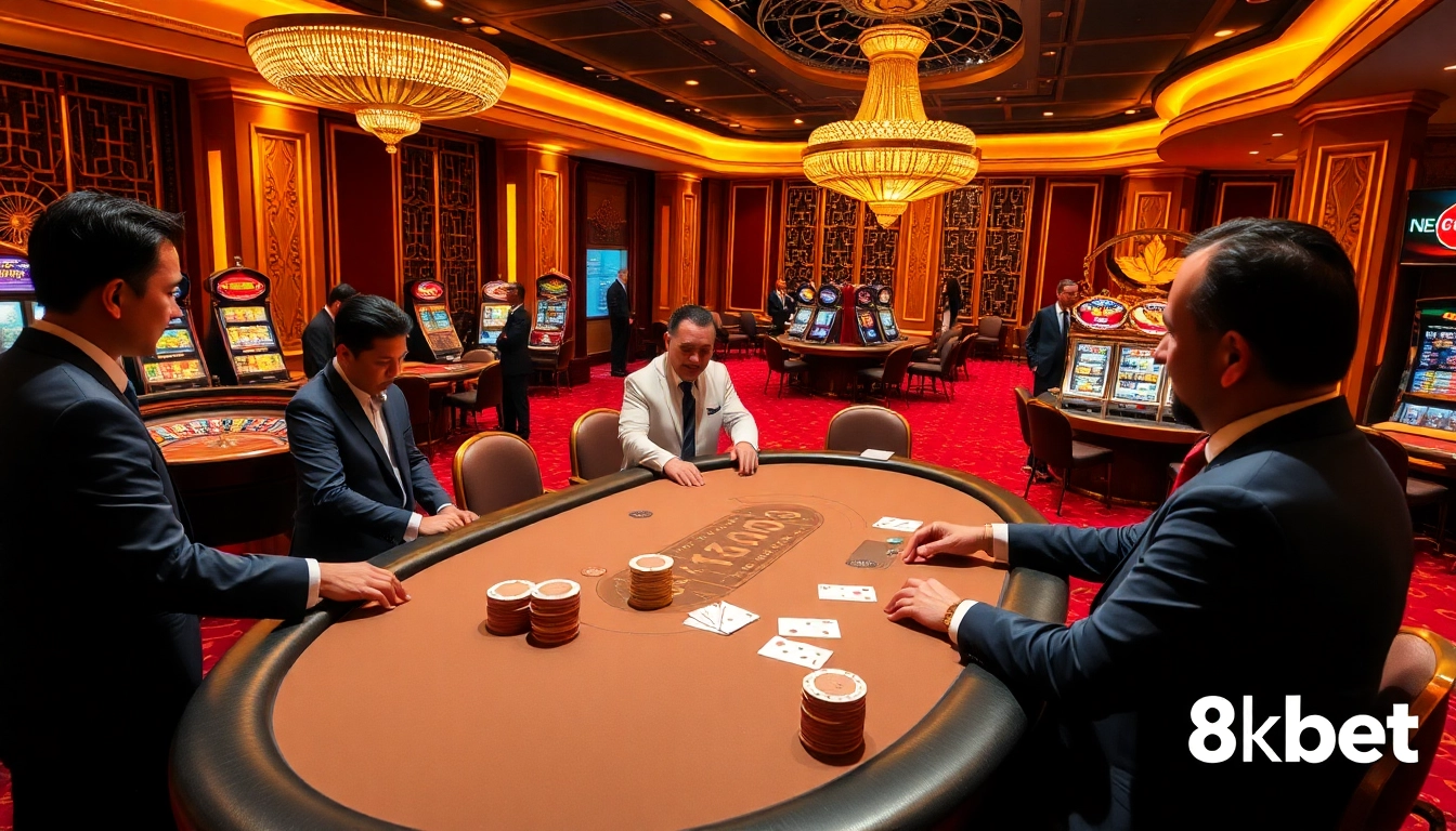 A vibrant casino scene at 8kbet featuring players at a luxurious poker table with chips and cards.