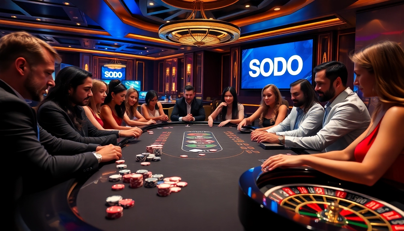 SODO casino players enjoying an exciting poker game with vibrant chips and cards.