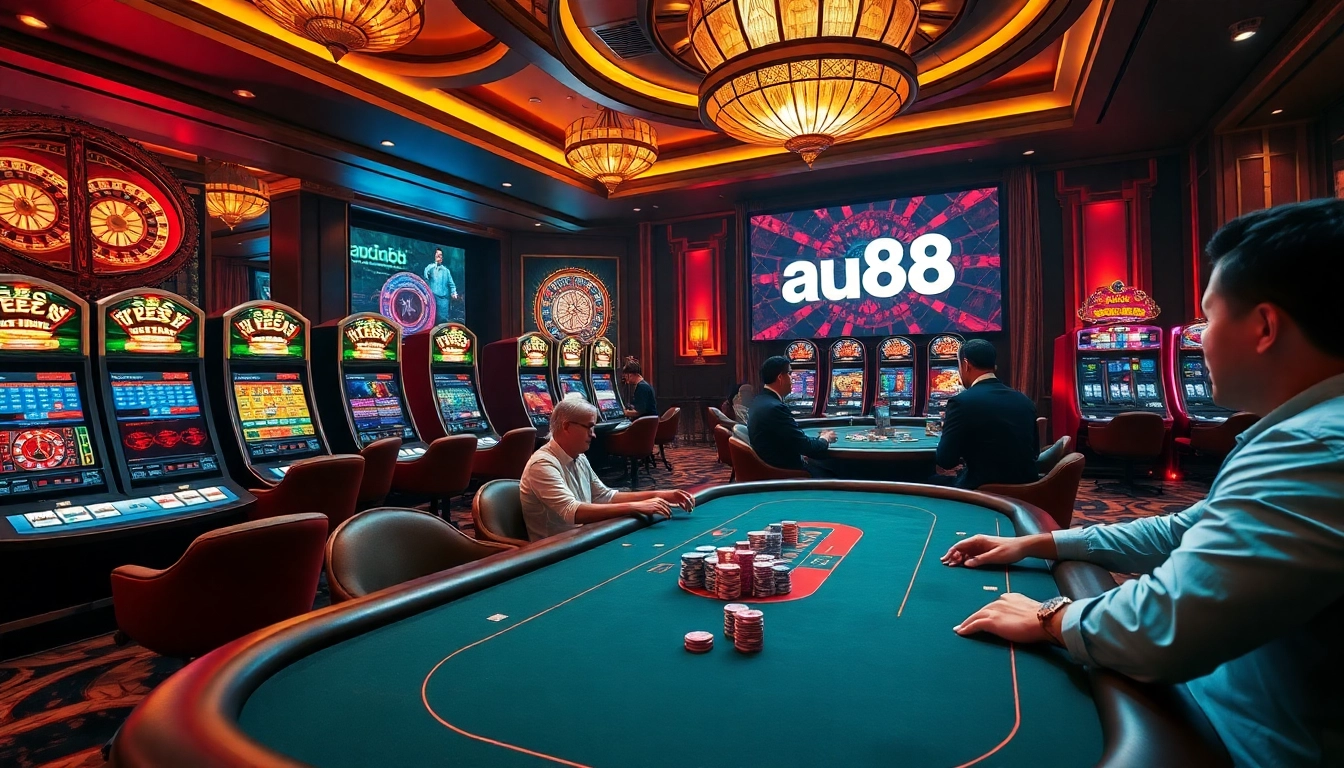 Engage in thrilling gaming at au88 with vibrant casino tables and dynamic roulette wheels.