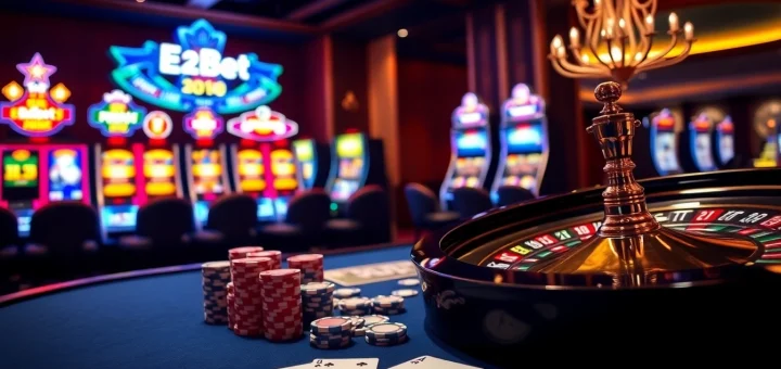 Experience e2bet excitement at a vibrant casino table with poker chips and cards.