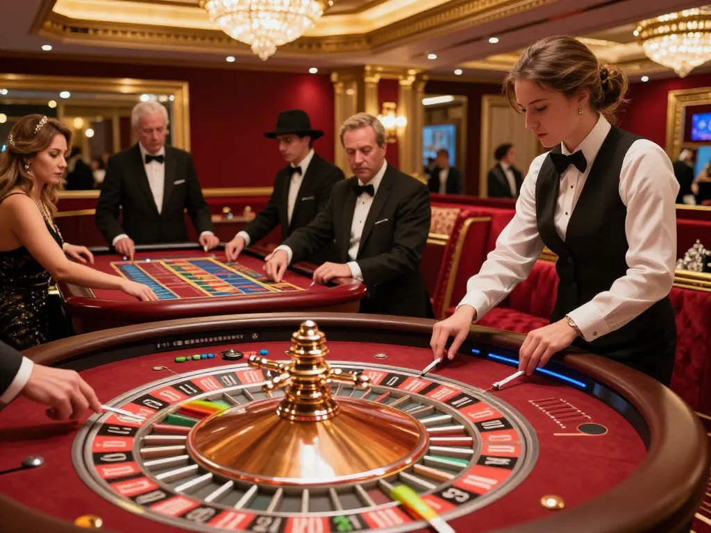 Players engaging with NK88 at a vibrant roulette table, showcasing the thrill of casino gaming.