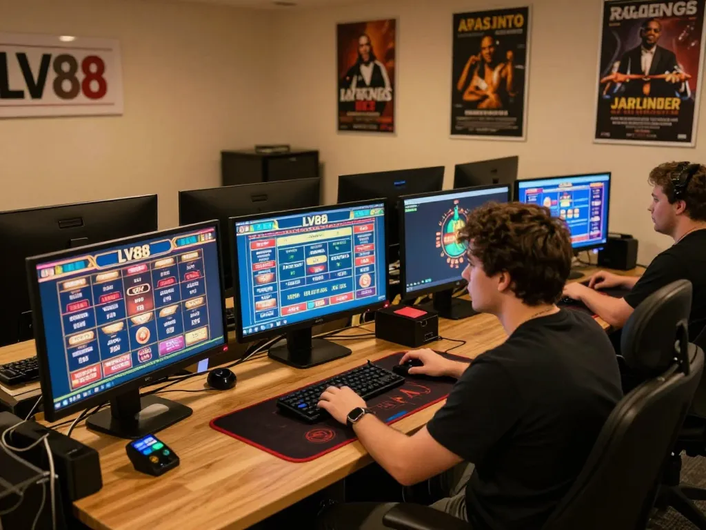 Person strategically playing LV88 casino games on multiple screens in a cozy home office.