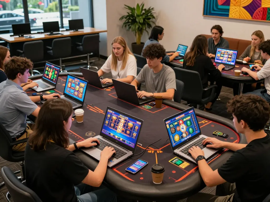 TOPBET players engaging in exciting online casino gameplay with laptops and mobile devices.