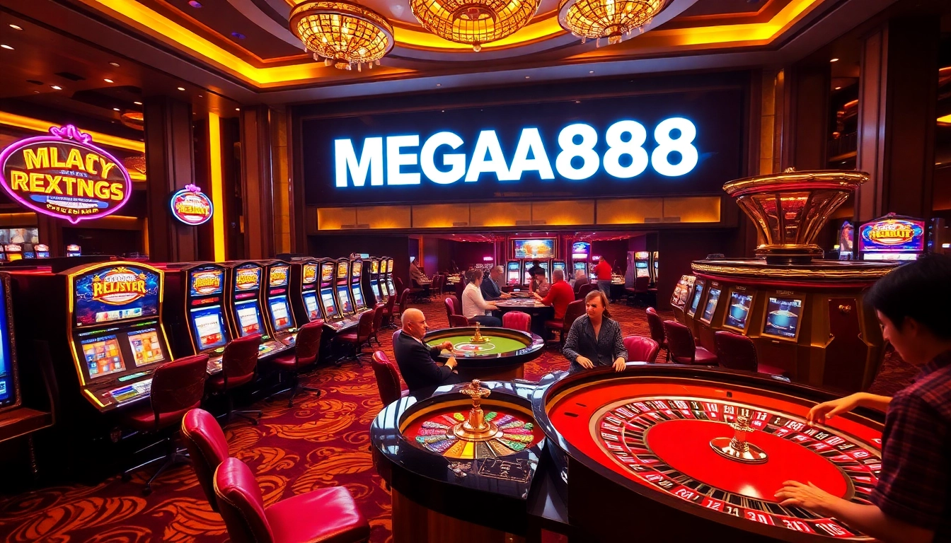 Players enjoying MEGA888 in a luxurious casino environment with vibrant slot machines and a roulette table.