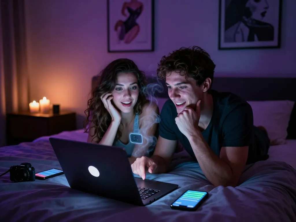 Engaging in a captivating porn AI chat on a laptop in a romantic bedroom setting.