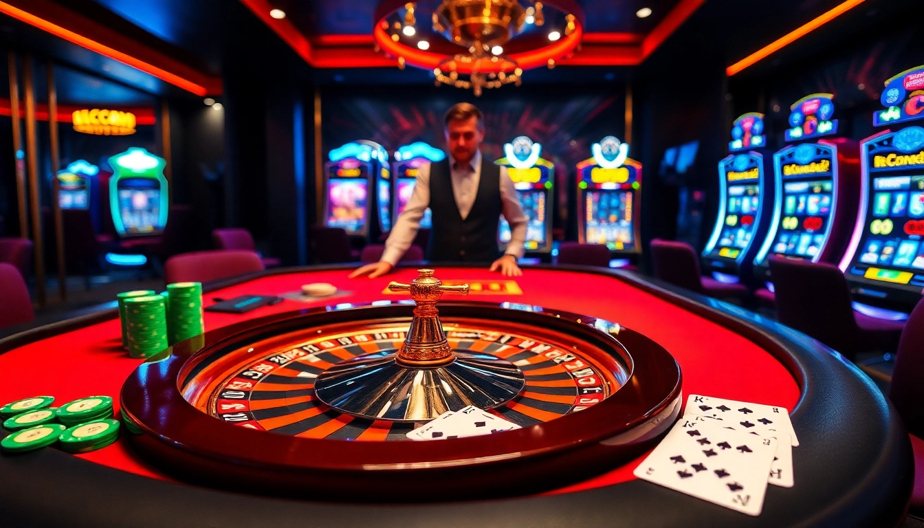 Engaging casino scene showcasing LC88 poker chips and vibrant roulette wheel.