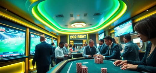 Engaged bettors placing strategic Judi Bola bets in an upscale casino setting, showcasing excitement and professionalism.