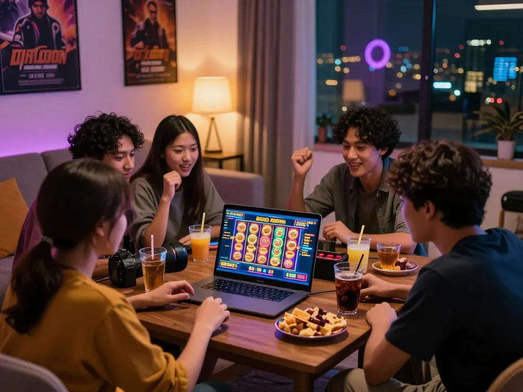 Teman-teman menikmati bermain bersama di situs slot gacor, suasana yang cerah dengan permainan yang mendebarkan.