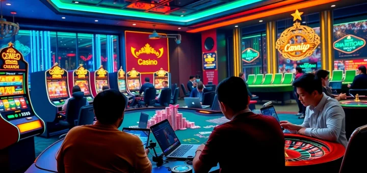 Showcasing the excitement of online gambling at trang chủ win55 with vibrant slot machines and poker tables.