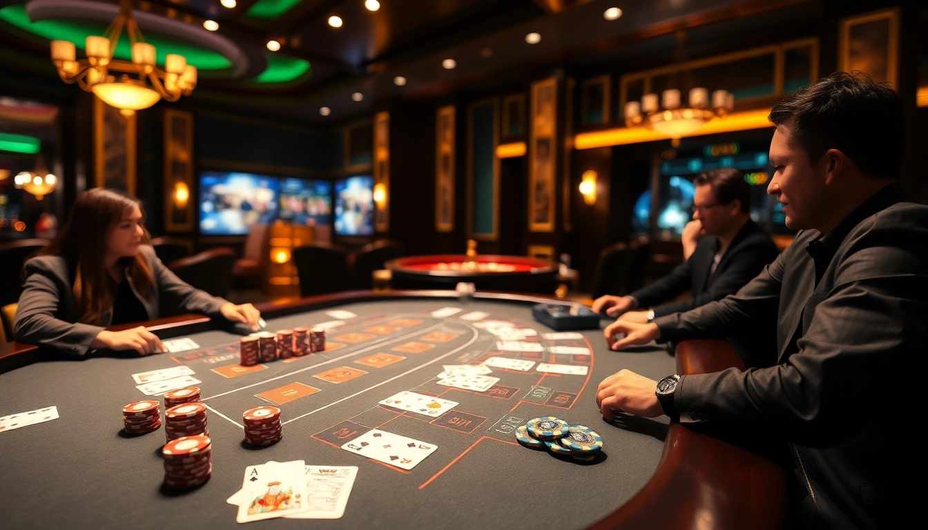 May88 players enjoying blackjack at a luxurious casino table, highlighting the excitement of gambling.