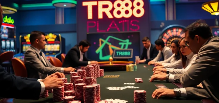 Engage in high-stakes poker at a glamorous casino featuring TR88 illuminated on a digital display.