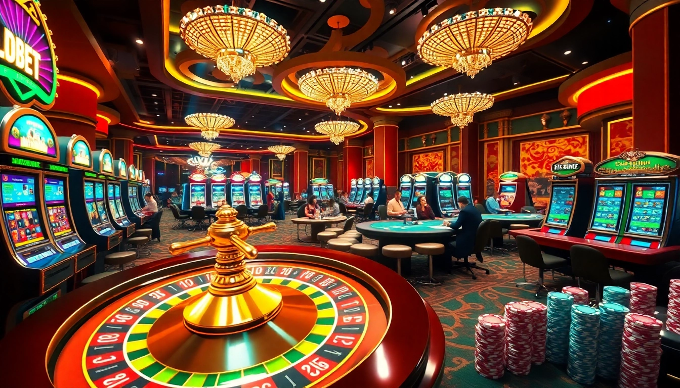 SHBET casino scene featuring vibrant slot machines and an exciting roulette wheel.