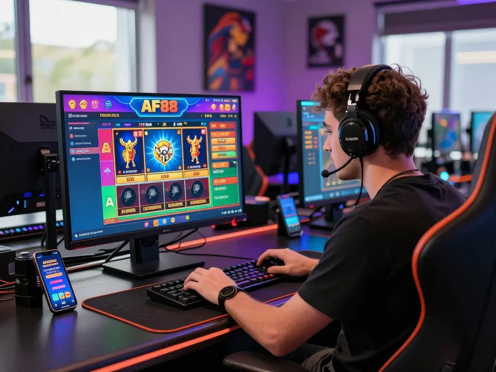 Player engaged in AF88 online casino gaming with vibrant interface at a stylish gaming desk during an exciting session.