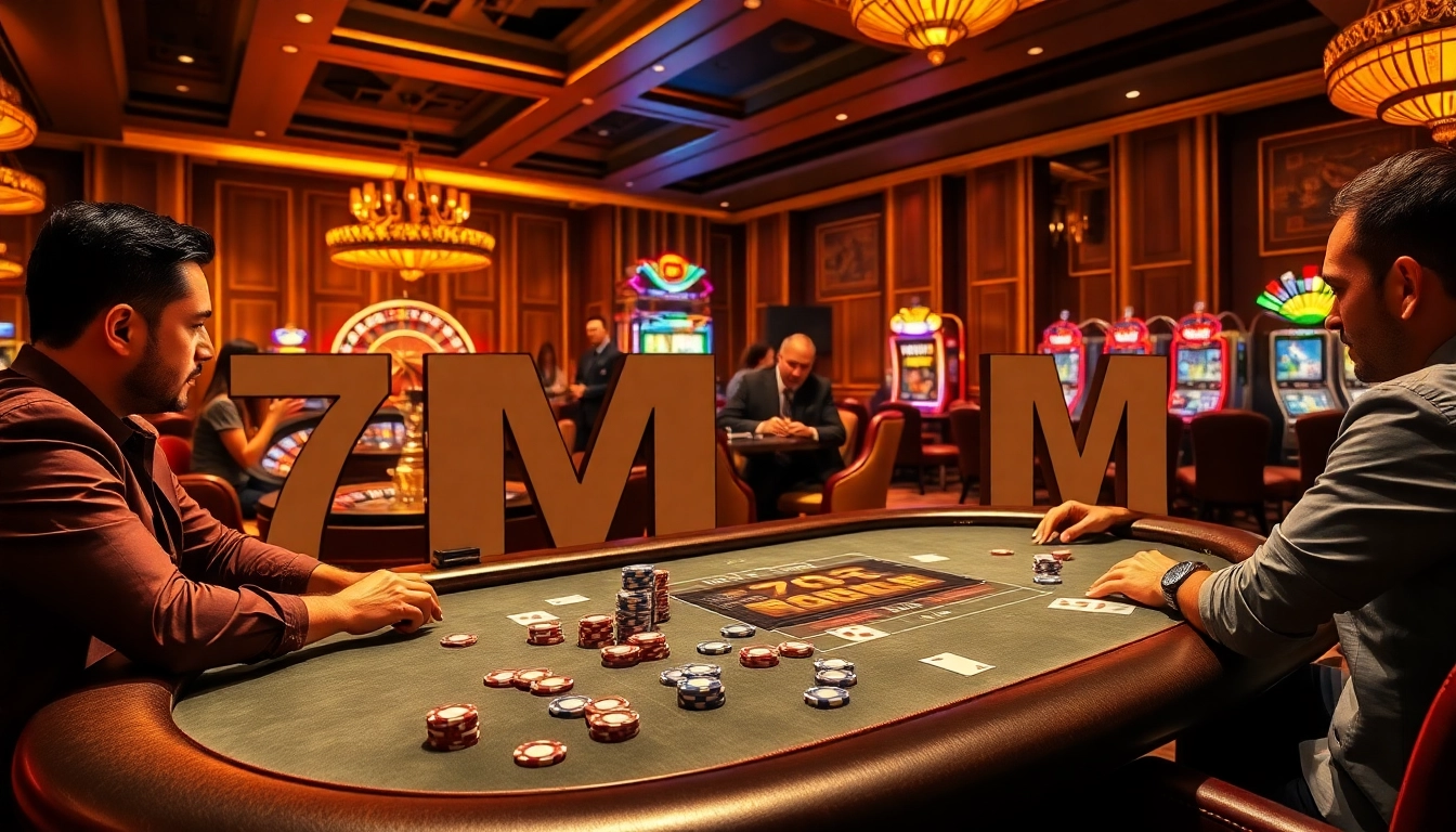 Experience exhilarating gambling action at a high-stakes poker table featuring 7M chips and luxurious decor.